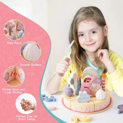 Set Birthday Party Cake Toys, Wooden Play Food for Kids Toddlers, Play Kitchen Toys for Boys Girls, Educational Toys
