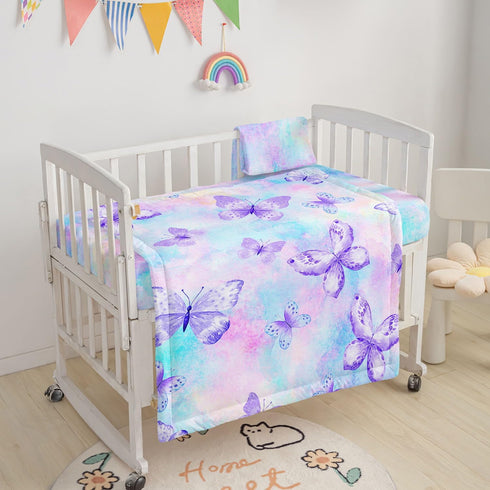 Datura home Set, 3-Piece Crib Bedding Nursery Crib Bundle with Comforter, Crib Sheet & Skirt, Watercolor Butterfly
