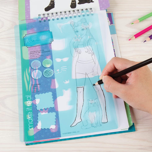 Make It Real Fashion Design Sketchbook for Girls, Kitty Cat-Themed Design Kit with Stencils, Stickers