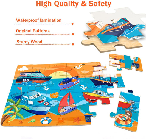 Puzzles for Kids Ages 4-6 - 4 Pack Wooden Jigsaw Puzzles, 24 Pieces Car Puzzle Set for Boys and Girls