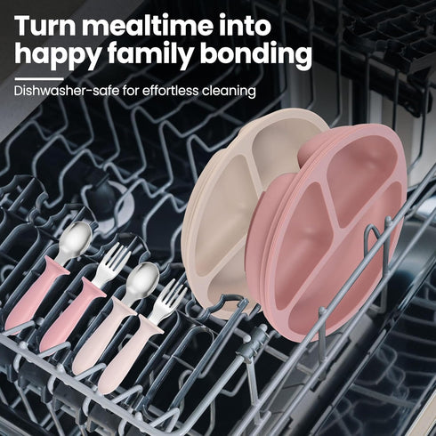 Eascrozn 2 Pack 2 Pack Set, Set Silicone Divided Baby Plates with Suction, Toddler Forks and Spoons BPA Free, Baby