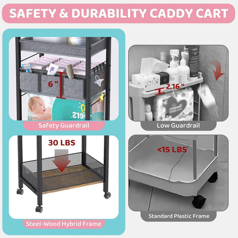 JRANBRJS 2IN1 Organizer-3 Baby Diaper Caddy Tier Rolling Storage Cart with Dividers - Bedside Diaper Caddy Cart