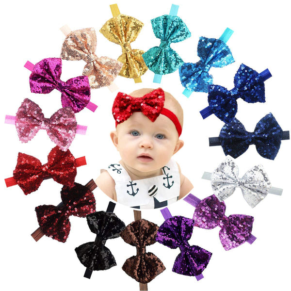 CÉLLOT 15pcs Baby Girl Headbands - Sparkly Glitter Sequins 4" Big Hair Bows for Infant Newborn and Toddlers
