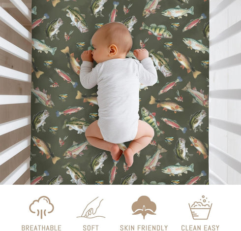 Selgkds 52''x28'' Neutral Fishing Baby Crib Sheets for Boys Vintage Bass Fishes Trout Soft Snug Fitted Crib Mattress