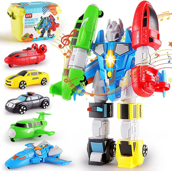 5-in-1 Magnetic Vehicles Playset Toy, Transform to Robot, Building Action Figures Kit with Storage Box, Gift for Kids