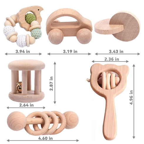 6 Set- 0-6 0-6 Pieces Toy Wooden Baby Toys for Babies Months,Wooden Toys for Babies Rattles with Bells,Wooden Rattles