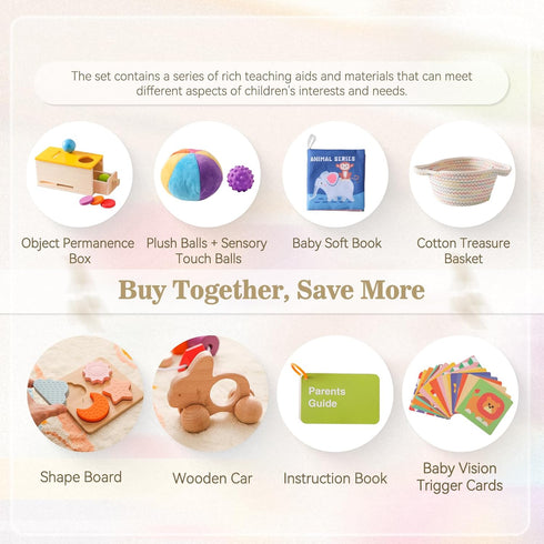 Montessori 6 in 1 Educational Toys Set for Babies 6-12 Months, Wooden Play Kit with Object Permanence Box & More