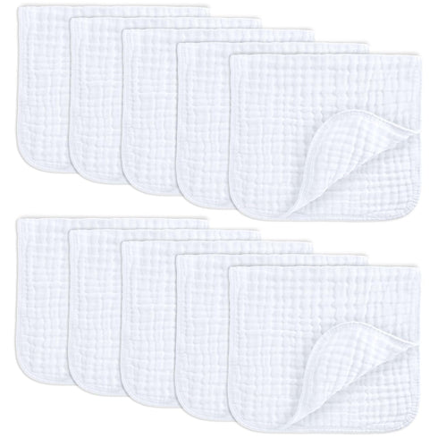 Comfy Cubs Muslin Burp Cloths Set, Large 100% Cotton Hand Washcloths for Babies, 10-Pack Extra Absorbent (White, 20" x