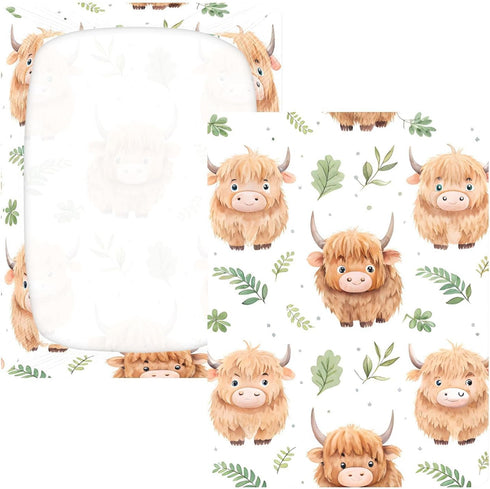 CZXW 52" 28" Cute Highland Calf Crib Sheets Fitted x Natural Cotton Soft & Breathable for Baby Crib Mattress