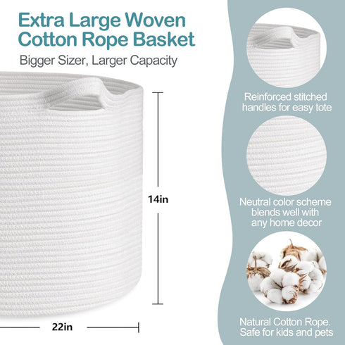 White Rope Storage Baskets, Extra Large 22" X 22" X 14" Cotton Basket for Organizing Baby Laundry
