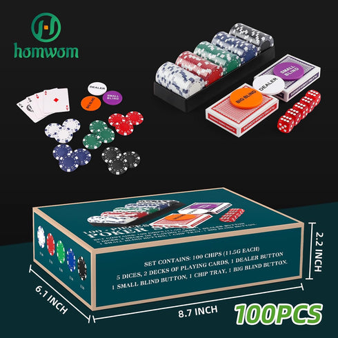 Poker Chip Travel Set - 100PCS 5 Color Professional Poker Chips in Cardboard Gift Box for Casino Card Games