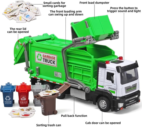 3+ Garbage Truck Toys for Kids, Metal Diecast Toy Car, Pull Back Toy Car with Lights and Sounds,Recycling Truck Toy