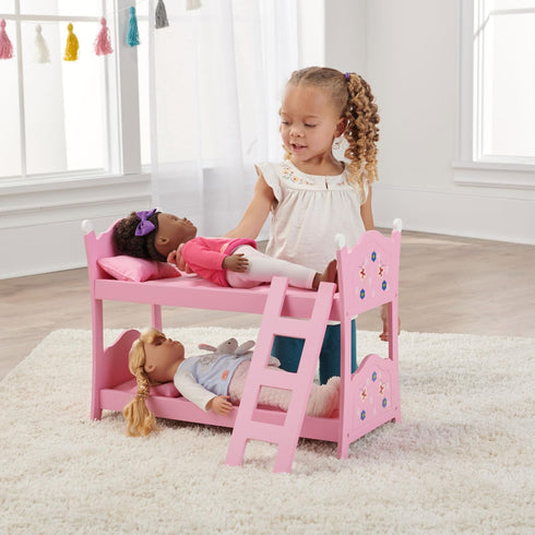 Toy Blossoms and Butterflies Doll Bunk Bed by Badger Basket - Pink with Ladder and Bedding for 20 inch Dolls