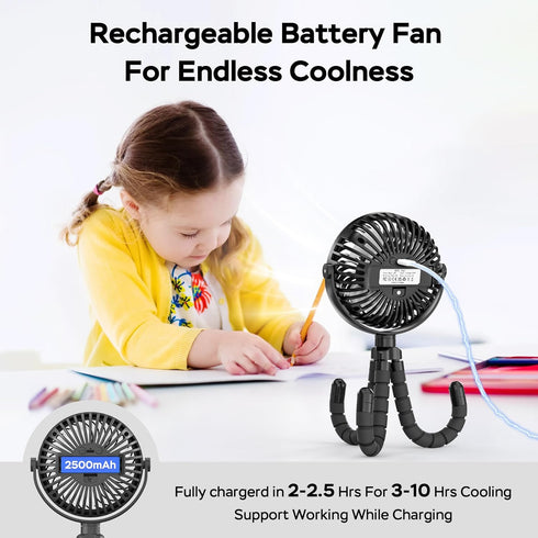 COMLIFE 10Hrs 3 360 Baby Stroller Fan With Light, Rechargeable Battery Operated, Max Cooling, Speeds, Rotate USB Desk