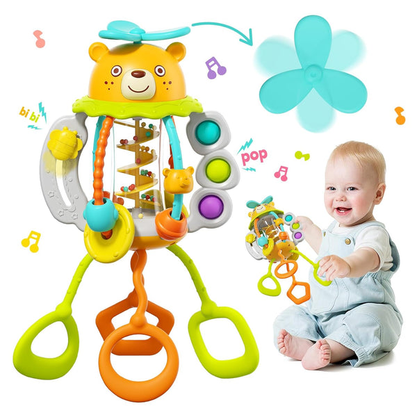 HOLA Montessori Toys for 1 Year Old Boy - Rattle Teething Toys for 0-12 Months, Silicone Pull String Sensory Toys