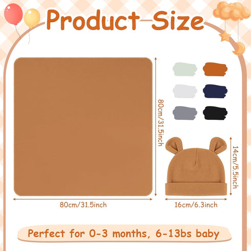 6 Set 100% 31.5" Ramede Baby Swaddle Blanket and Hat, Cotton Newborn Receiving Blanket Wrap with Headband, Soft