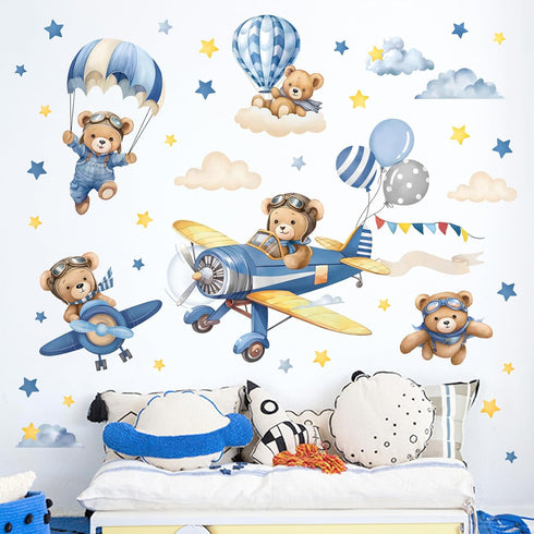 decalmile Airplane with Animals Wall Stickers Hot Air Balloon Bear Clouds Wall Decals Baby Nursery Kids Bedroom Living