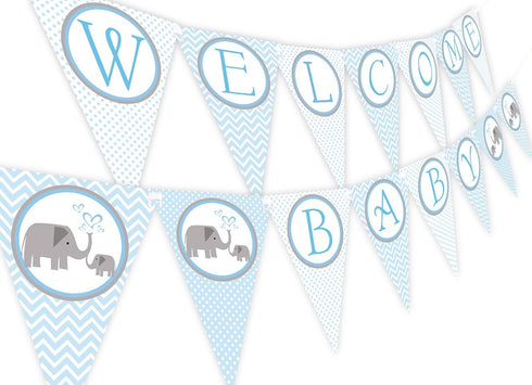 Blue Baby Shower Banner Pennant, Little Elephant