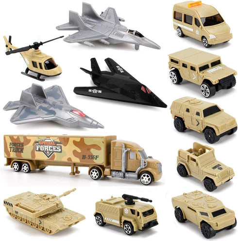 12 PCS Military Plastic Army Men Vehicles Toy Playset, Includes Stealth Bomber, Tanks, Helicopter