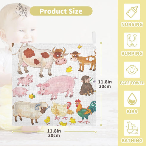 3 Pack 12 12 Inch Cow Pig Sheep Chick Burp Cloths for Boys Girls, Farmhouse Animals Muslin Washcloths, Newborn Face