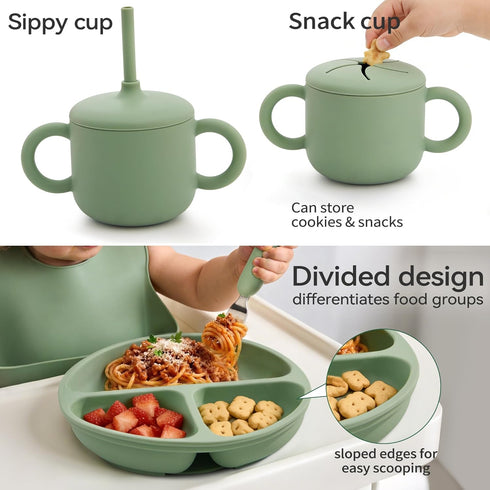 Set, 6+ Bufims Silicone Baby Feeding Baby Led Weaning Supplies, Eating Essentials Utensils with Suction Plate and Bowl