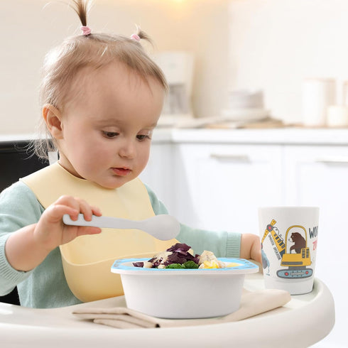 5Pcs Kids Tableware Set, Cartoon Bamboo Dinnerware with Baby Plates, Bowls, Forks & Spoons for Kids (Blue)