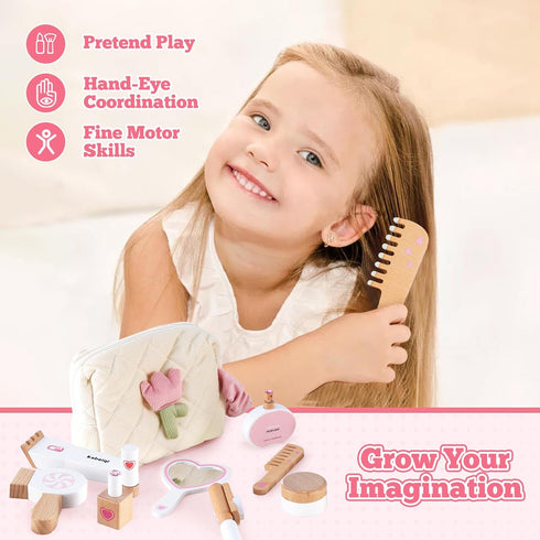 Set 16 3 4 5 6 7 8 Wooden Makeup Toy for Toddlers, Pieces Pretend Play Beauty Salon Kit with Styling Tools, Cosmetics