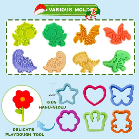 Jaeespon Set 3+ Dough Tools Play for Kids-Dough Accessories Molds Dinosaur Fruit Roller Cutter Scissor and Storage Box
