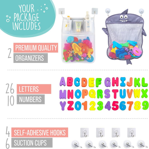 Comfylife Baby Bath Toy Organizer - Shark + 36 Bath Letters & Numbers + Extra Bath Toy Storage Net & 10 Strong Hooks
