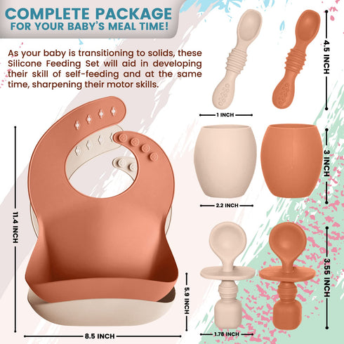 Baby Silicone Feeding Set - Baby Led Weaning Utensils, Silicone Bibs, Infant Feeding Cups for Boys, Girls, Set of 8