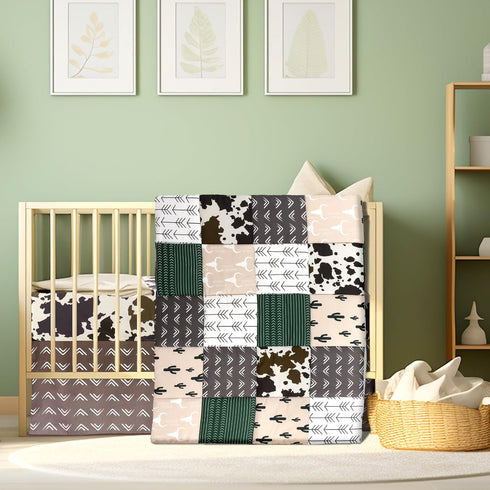 Hahafelt 3 Set Set Piece Patchwork Western Crib Bedding for Boys Girls Cow Cactus Print Baby Bedding Barnyard Western