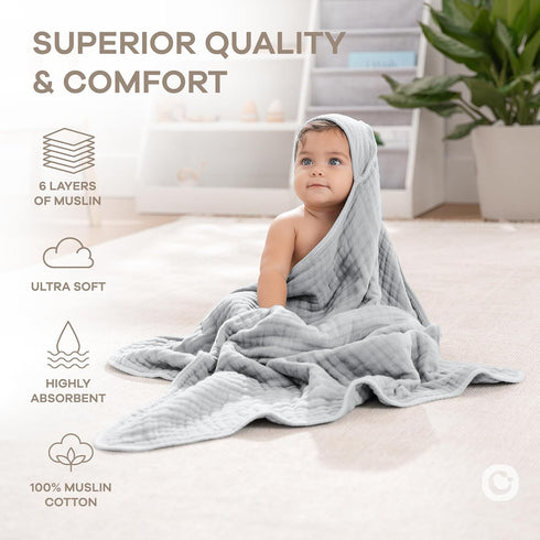 1-Pack, 32 32 Inch 6 100% Comfy Cubs Hooded Baby Towel Large x - Layer Muslin Cotton for Babies, Toddlers and Kids