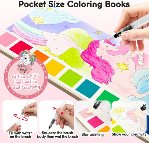 Set, Watercolor Painting Coloring Books Pocket Watercolor Paint Bookmarks, Mess Free Paint with Water Travel Class