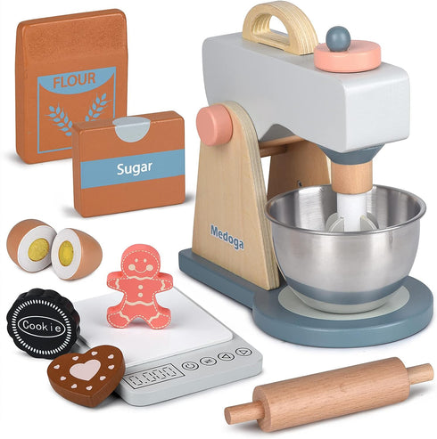 medoga Play Kitchen Accessories Wooden Mixer Set Pretend Play Food Sets for Kids