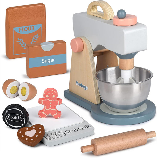 medoga Play Kitchen Accessories Wooden Mixer Set Pretend Play Food Sets for Kids