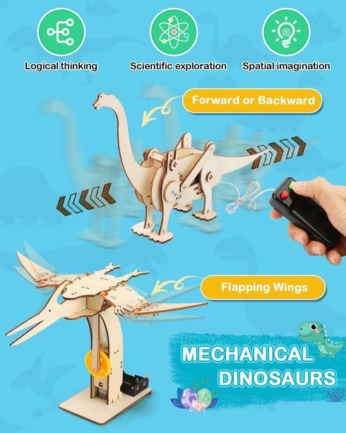 Poraxy 4 in 1 Dinosaur STEM Kits for Kids Ages 8-10, Educational Science Building Projects, 3D Wooden Puzzles Gift for