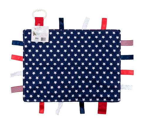 Baby Sensory Security & Teething Closed Ribbon Tag Lovey Blanket, 14”X18” American Flag