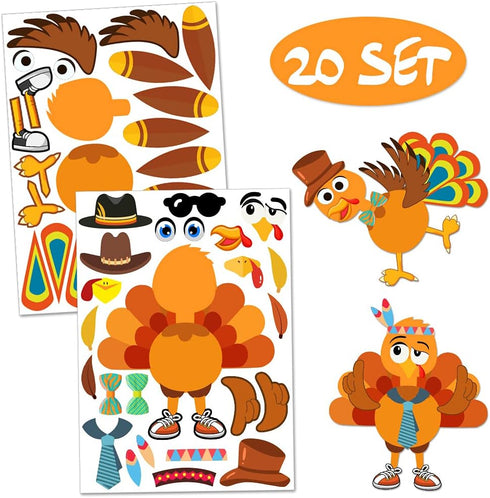 Make-A-Turkey Stickers for Thanksgiving Party Games/Favors/Supplies, 20 Set for Kids Crafts