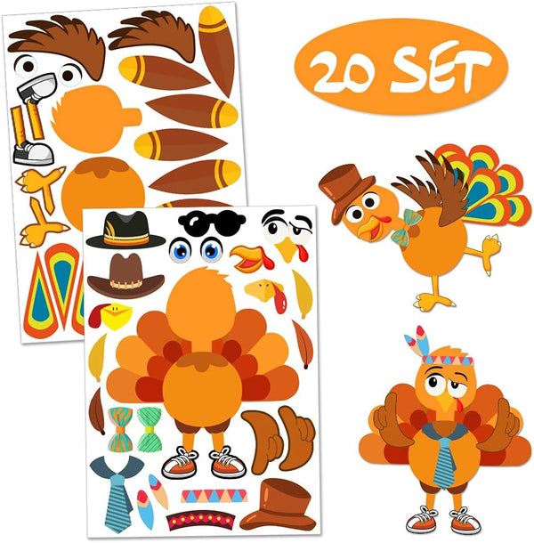 Make-A-Turkey Stickers for Thanksgiving Party Games/Favors/Supplies, 20 Set for Kids Crafts