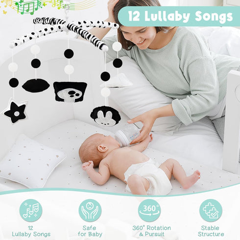 3-Mode Montessori Baby Crib Mobile High Contrast Mobile for Crib, Black and White Nursery Mobile with Upgraded Music