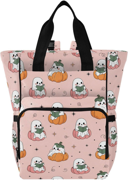 Emelivor Halloween Ghost Pumpkin Pink Diaper Bag Backpack Large Capacity with Insulated Pockets