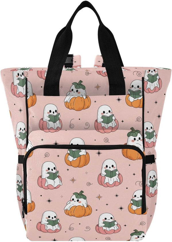 Emelivor Halloween Ghost Pumpkin Pink Diaper Bag Backpack Large Capacity with Insulated Pockets