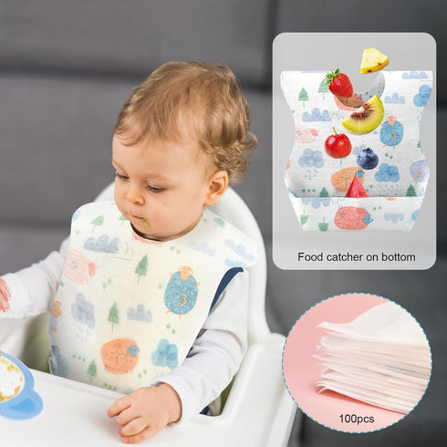 100 Shinymoon Pcs Disposable Baby Bibs Individual Wrapped Travel Bibs Waterproof Food Catcher for Toddlers Girls Boys