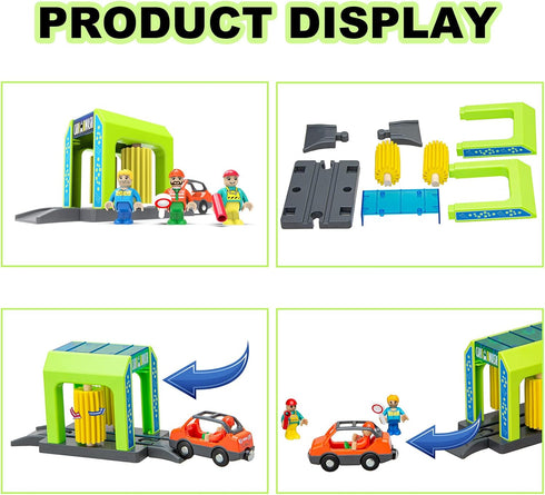 Car Wash Station Playset Toy for Wooden Train Track, Creative Pretend Play Toy Vehicles Accessory for Toddlers