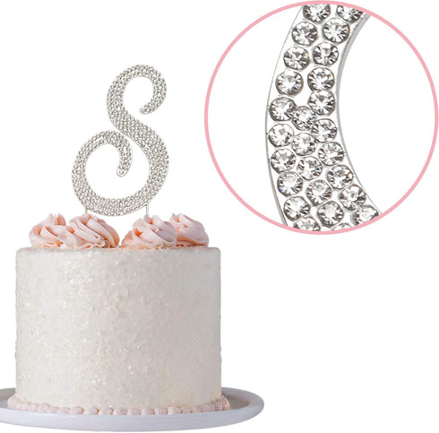 Letter S Cake Topper - Premium Silver Metal S Monogram Wedding or Anniversary Party Decoration with Rhinestone