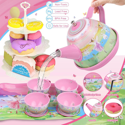 Set 50PCS 3-6 Tea for Little Girls,PRE-WORLD Princess Tea Party Time Toy Including Dessert,Cookies,Doughnut,Teapot Tray