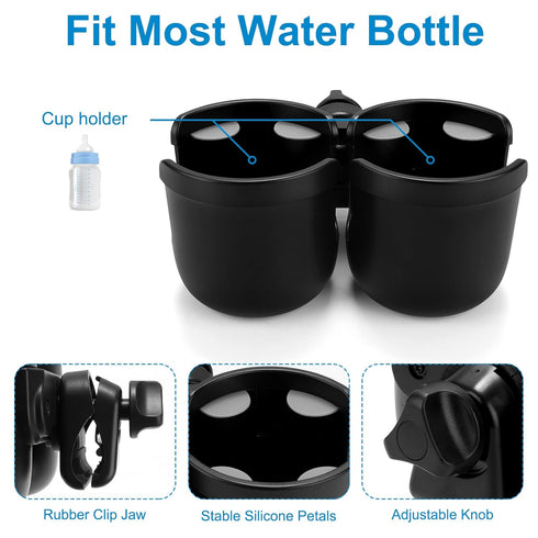 Accmor Double Cup Holder for Stroller, Universal Bike Cup Holder, 2-in-1 Cup and Phone Holder for Stroller, Wheelchair