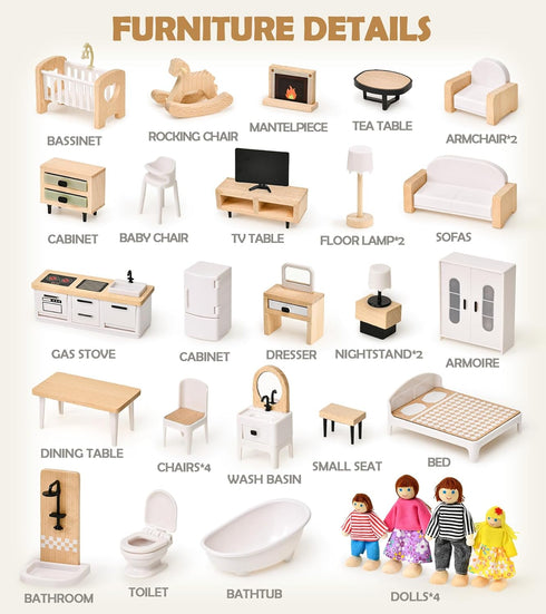 Set, 36PCS 5 4 3 4 5 6 Toyssa Dollhouse Furniture Beech Wood and Plastic Miniature Doll House Accessories with Modern