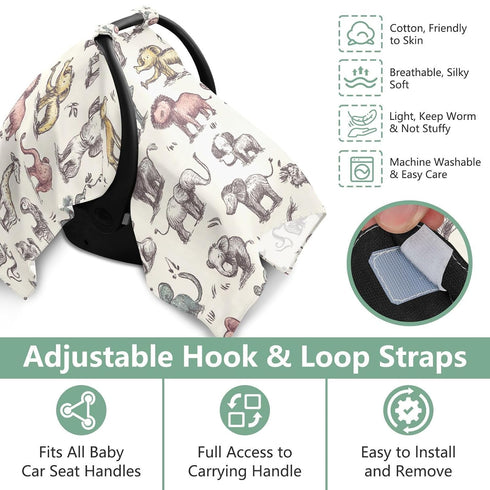 Dalzium Jungle Animals Elephant Lion Car Seat Cover Baby, Carseat Canopy Cover for Girl Boy, Breathable Baby Carrier