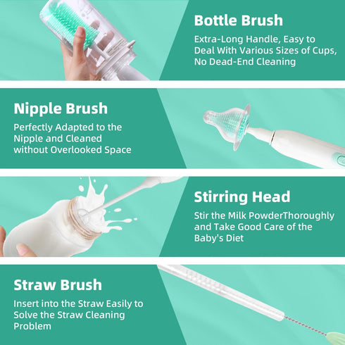 Set 2 360 Electric Bottle Brush,Electric Baby Bottle Brush with Silicone Bottle/Pacifier/Straw Brush and Mixing Head